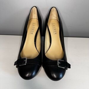LAUREN RALPH LAUREN - Saffron Buckle Detail Pump Heel Black Leather Size 6 NWOT